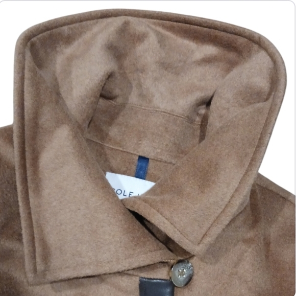 Cole Haan Wool Blend Trench Coat Faux Leather Trim - Picture 6 of 14